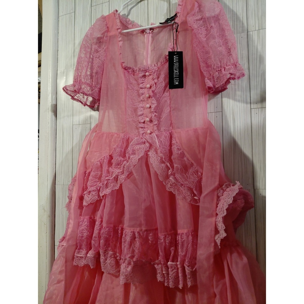 Dolls Kill Sugar Thrillz Pink Sheer Organza Tiered Lace Ruffle Maxi Dress NEW XS - Picture 3 of 13